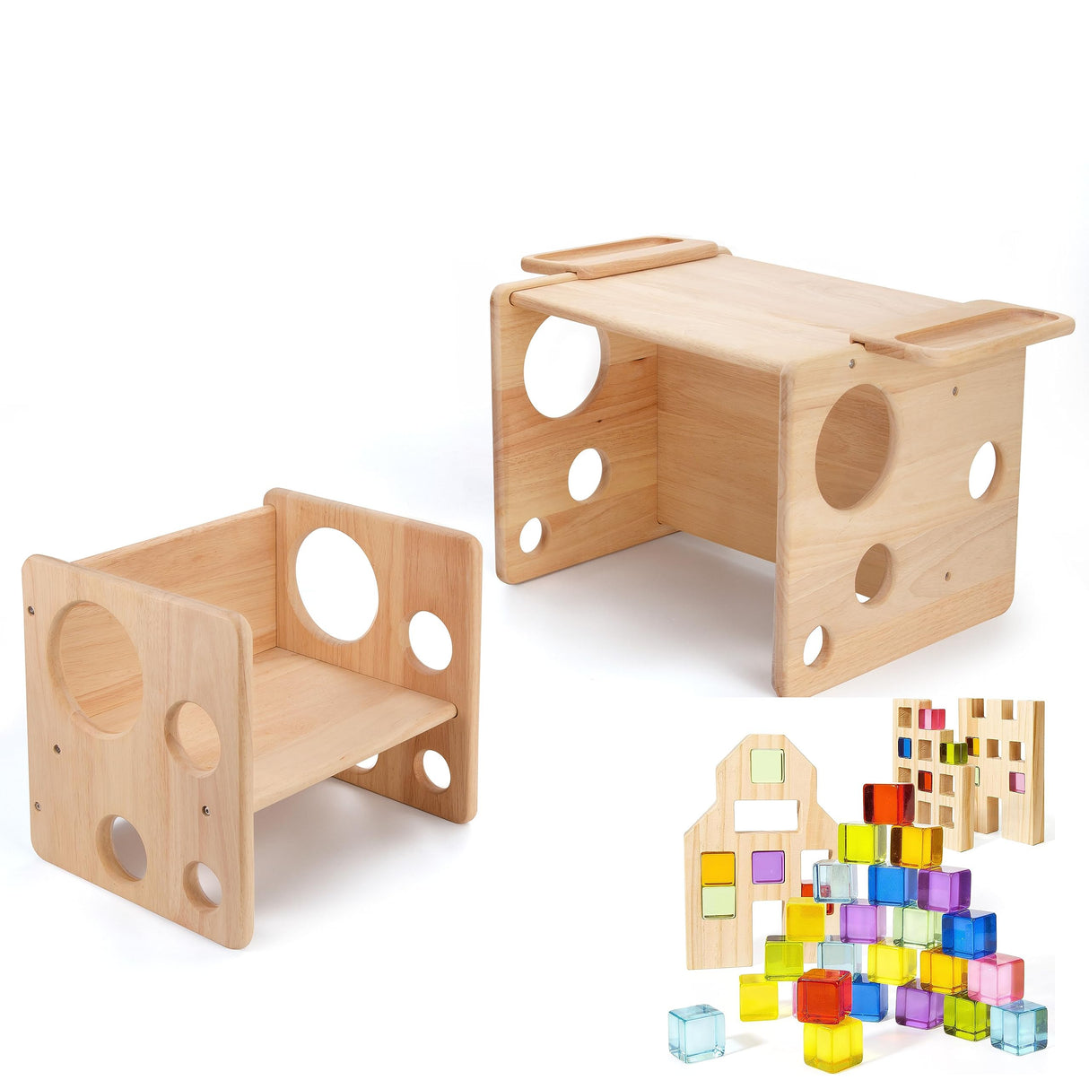 Woodtoe Montessori Weaning Table and Chair Set for Toddler, Natural Solid Wooden Kids Table Cube Chair for Boy Girl, with Wooden Building Blocks Set for Kids, 36 PCS Rainbow Acrylic Gem Cubes Blocks Woodtoe
