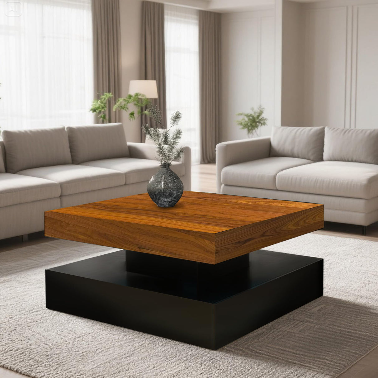 LED Coffee Table for Living Room, 2-Tier Modern Square Center Table with Music Sync Lights, High Gloss Surface, 30 3/4" x 30 3/4" (Rustic Brown+Black) Yeewe