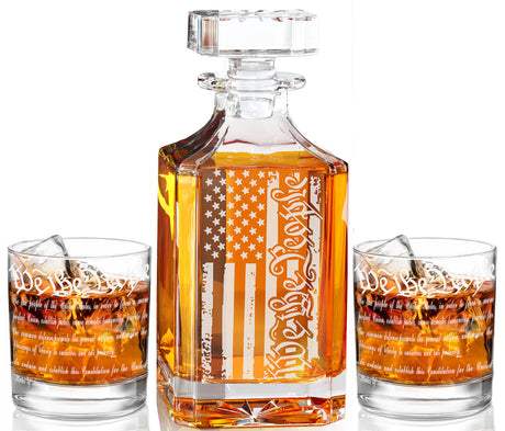 Whiskey Decanter Set for Men, We The People Decanter Set with Glasses, Engraved American Flag Decanter for Liquor Bourbon Gifts for Men Unique Birthday Father's Day Gifts for Men Dad YJGS