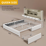 DWVO Queen Size Bed Frame with RGB LED Lights & Storage Bookcase Headboard, Upholstered Bed with Charging Station and 4 Drawers, No Box Spring Needed, Easy Assembly, Noise-Free, PU Leather White DWVO