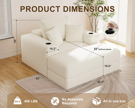 Busaurus 62" Oversized Chaise Lounge Chair Indoor, Fluffy Corduroy Upholstered Boneless Couch, Convertible Sleeper Sofa Bed & Reading Chair, Cloud Sofa Couches for Living Room, No Assembly, Beige Busaurus