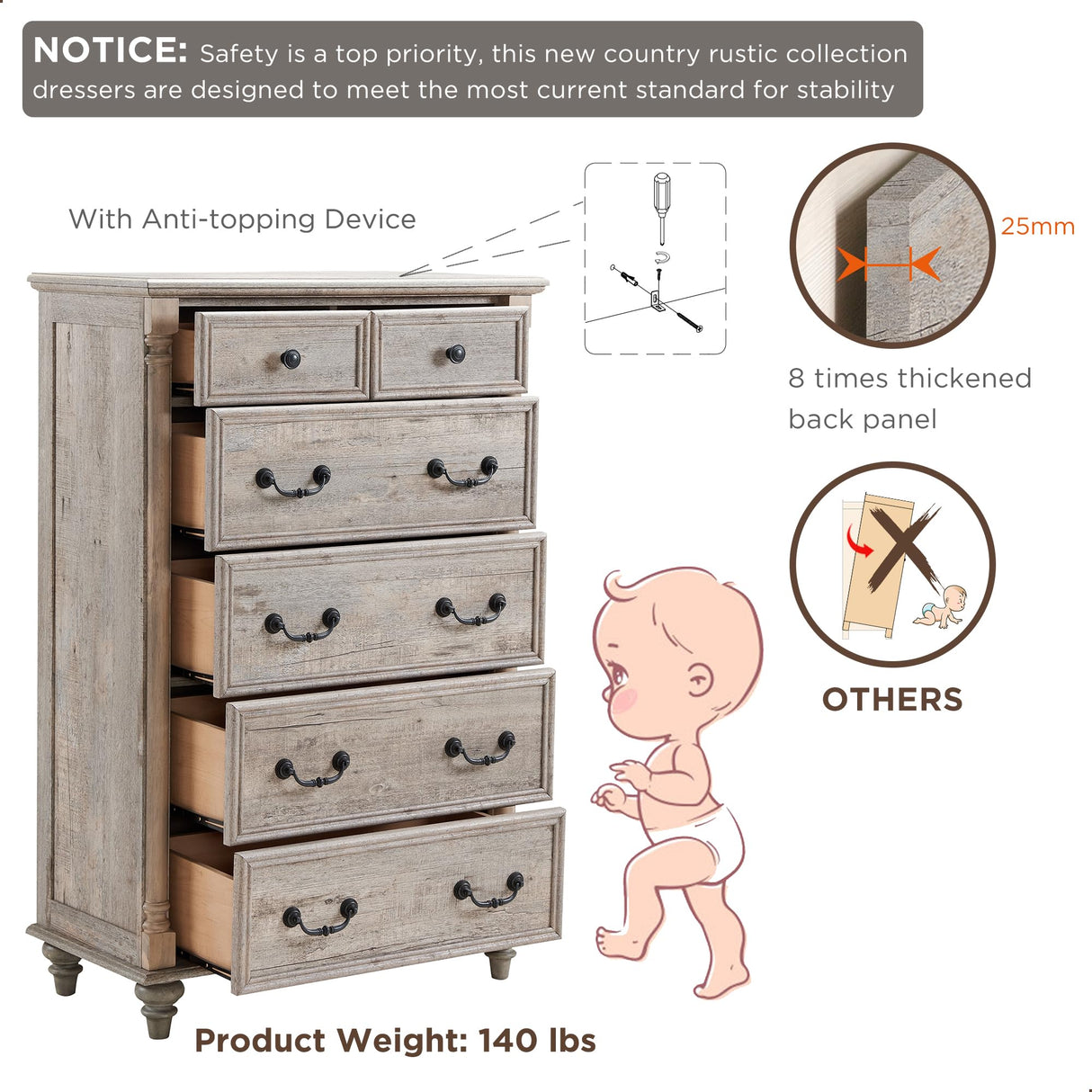 T4TREAM Farmhouse 6 Drawers Dresser Chests for Bedroom w/4 Solid Wood Feet & Column Decor, Tall Wood Country Rustic Chest of Drawers, Storage T4TREAM