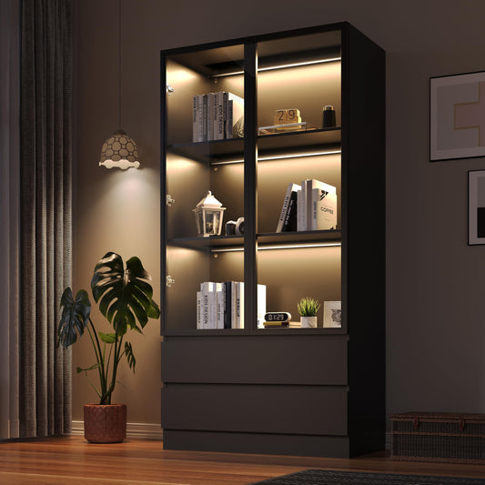 Wildhome Display Cabinet with Glass Doors,LED Lights Glass Display Case,Showcase for Collections, Curio Cabinets, Bookcase and Glass Display Cabinet (with 2 Drawers)