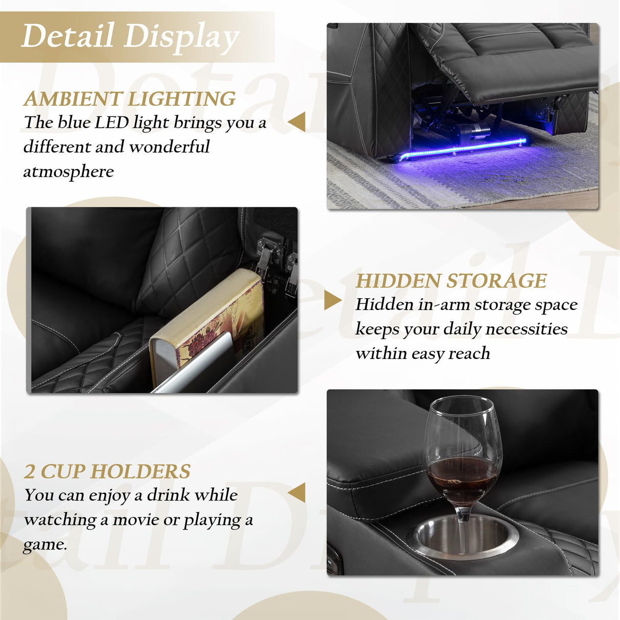 TUNYI Home Theater Recliner Chair - Power Recliner Sofa Chair with Adjustable Headrest Faux Leather Reclining Chair with USB/Storage/LED Light/Cup Holder (Black, 1 PC) TUNYI