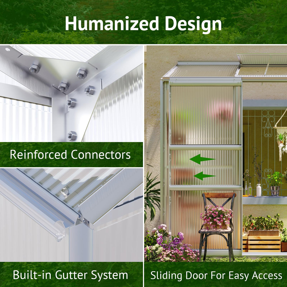 Showellgard 6x2ft Lean-to Polycarbonate Greenhouse, Small Walk-in Greenhouse, with Adjustable Roof Vent, Rain Gutter and Sliding Door, Outdoor Greenhouse for Terrace, Backyard GreenHouse 6'x2' Showellgard