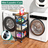 OKZEST Utility Slim Storage Cart, 4-Tier Narrow Bathroom Organizer and Storage Cart, Metal Narrow Kitchen Laundry Room Organization Rack with Wood Top, Slim Rolling Shelf with Wheels for Small Space OKZEST