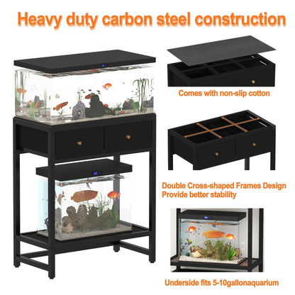 20 Gallon Fish Tank Stand with Comes with 2 Storage Boxes, 3 Tiers Heavy Duty Metal Aquarium Stand, Breeder Tank Turtle Reptile Terrariums Stand Rack，Black