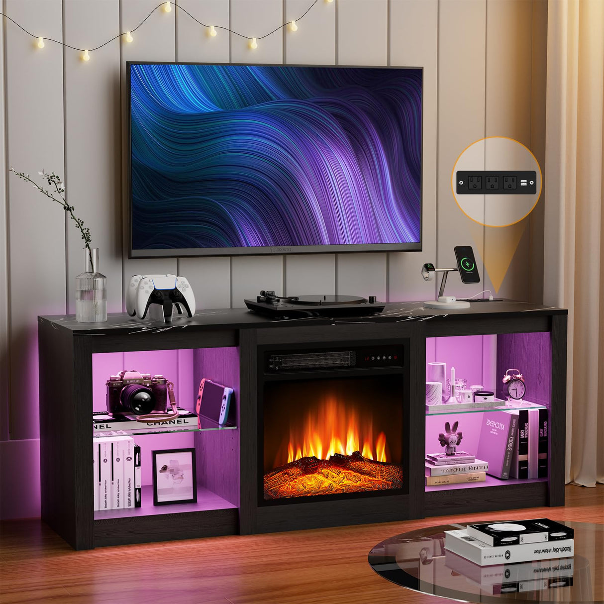 BREEZEHEAT 58 inch TV Stand with 18" Fireplace Inserts-Led Entertainment Center for TVs Up to 65"-TV Console for Living Room with Glass Shelves, LED Lights and Power Outlets (Black) BREEZEHEAT