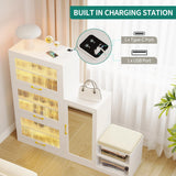 LVSOMT Modern Shoe Storage Cabinet with Shoe Bench, Freestanding Rack with Mirror, LED Light, & Charging Ports, Hidden Organizer, Large Wooden Cabinet for Entryway (White) LVSOMT