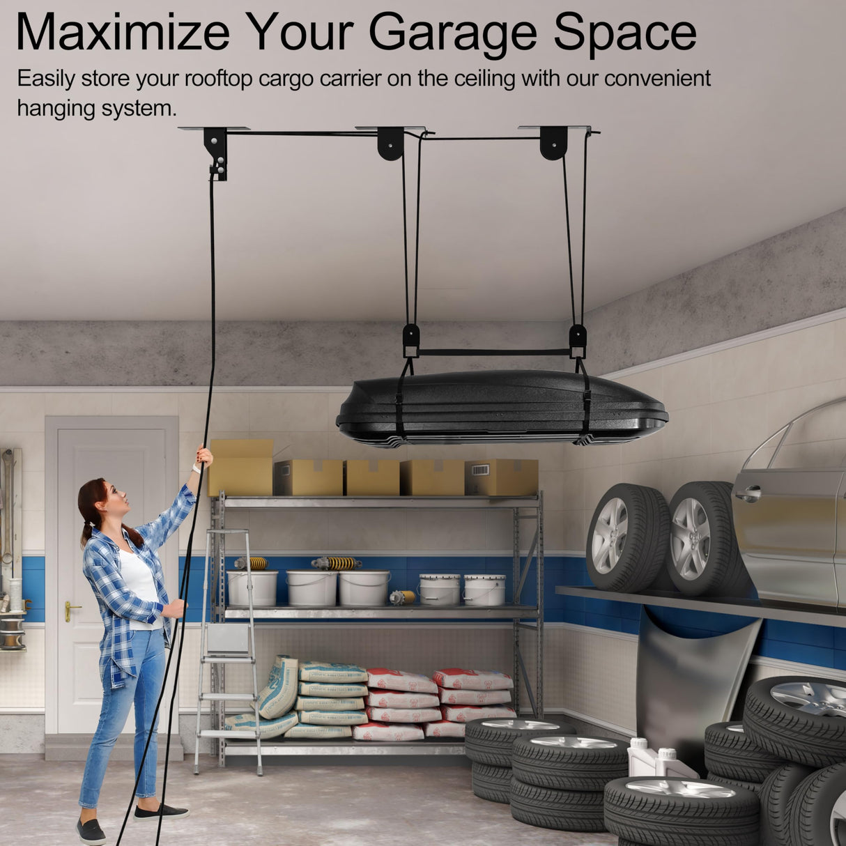 TRUSOON 2025 Upgrade Cargo Box Garage Pulley System, Garage Ceiling Hoist Heavy-Duty Holds up to 150 lbs Capacity, Fit 10-14 Foot Ceilings, Black TRUSOON