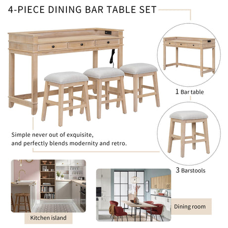 VilroCaz Natural 4-Piece Counter Height Dining Set with USB Port and Upholstered Stools VilroCaz