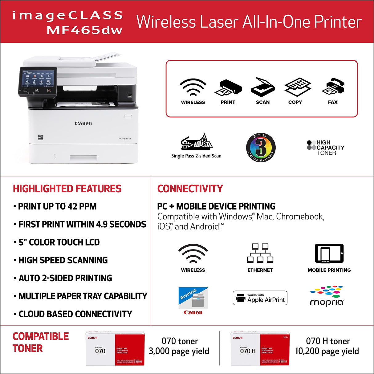 Canon imageCLASS MF465dw Wireless Mobile-Ready Duplex Laser All-In-One Monochrome Printer Canon