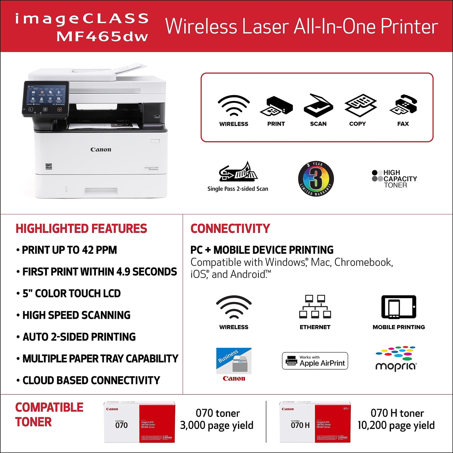 Canon imageCLASS MF465dw Wireless Mobile-Ready Duplex Laser All-In-One Monochrome Printer