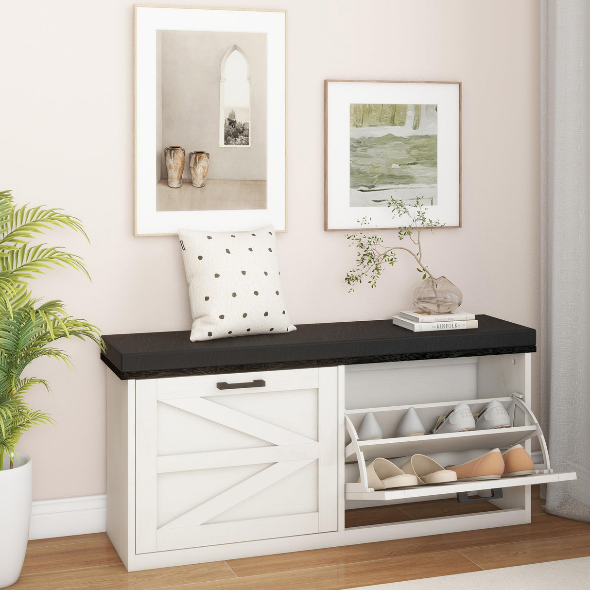 Trironsun White Shoe Storage Bench 2 Flip Drawers Shoe Rack Bench with Padded Seat Cushion Farmhouse Hidden Shoe Bench with Storage Shoe Cabinet 2 Barn Doors for Entryway Bedroom (Antique White) Trironsun