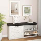 Trironsun White Shoe Storage Bench 2 Flip Drawers Shoe Rack Bench with Padded Seat Cushion Farmhouse Hidden Shoe Bench with Storage Shoe Cabinet 2 Barn Doors for Entryway Bedroom (Antique White) Trironsun