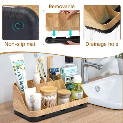 GFWARE Bathroom Organizers and Storage - Detachable 7 Slots Kids Electric Toothbrush and Toothpaste Holde Drainage for Bathroom Accessories Organization Counter Vanity Storage, Wood