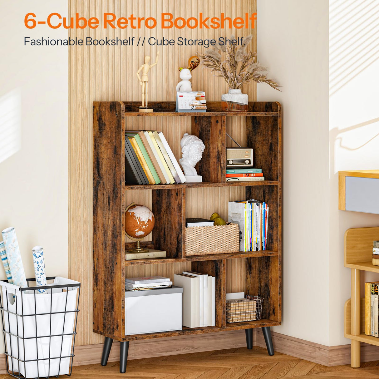 HOOBRO 6 Cube Bookshelf, 4 Tier Bookcase with Legs, Mid-Century Modern Bookshelves, Large Open Storage Shelf, Wooden Book Case for Living Room, Bedroom, Office, Kitchen, Rustic Brown FG116SJ01 HOOBRO