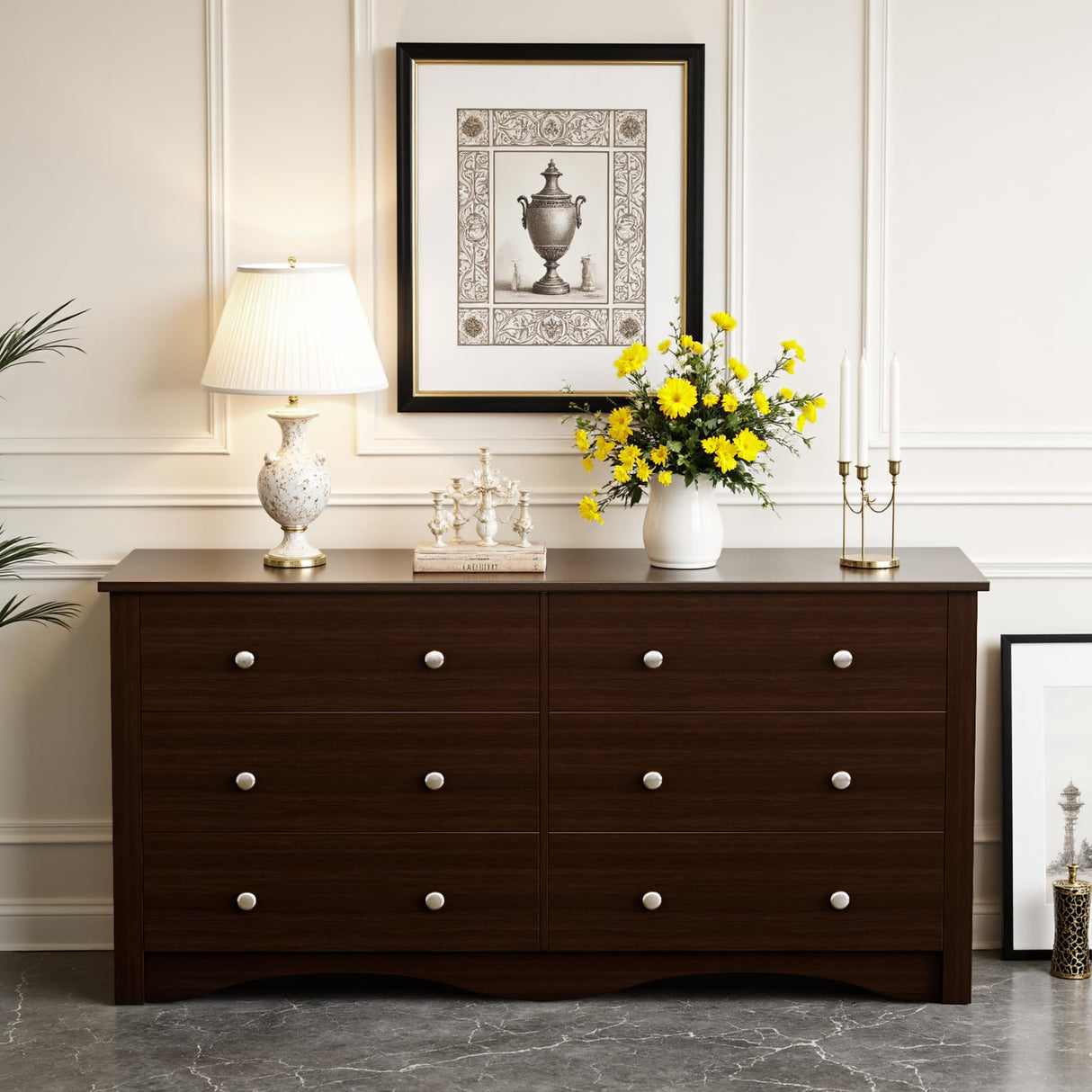 JUMMICO Dresser for Bedroom, 6 Wood Dresser Drawers, Wide Chest of Drawers, Storage Tower Unit, Modern Design for Bedroom, Living Room, Hallway, Entryway (Dark Brown) JUMMICO