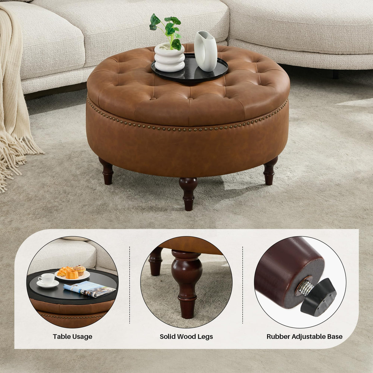 obmedin 31.5" Large Round Storage Ottoman, Upholstered Tufted PU Ottoman Coffee Table, Large Footrest with Solid Wooden Legs and Nailheads, Side Table for Living Room Bedroom Office, Brown obmedin