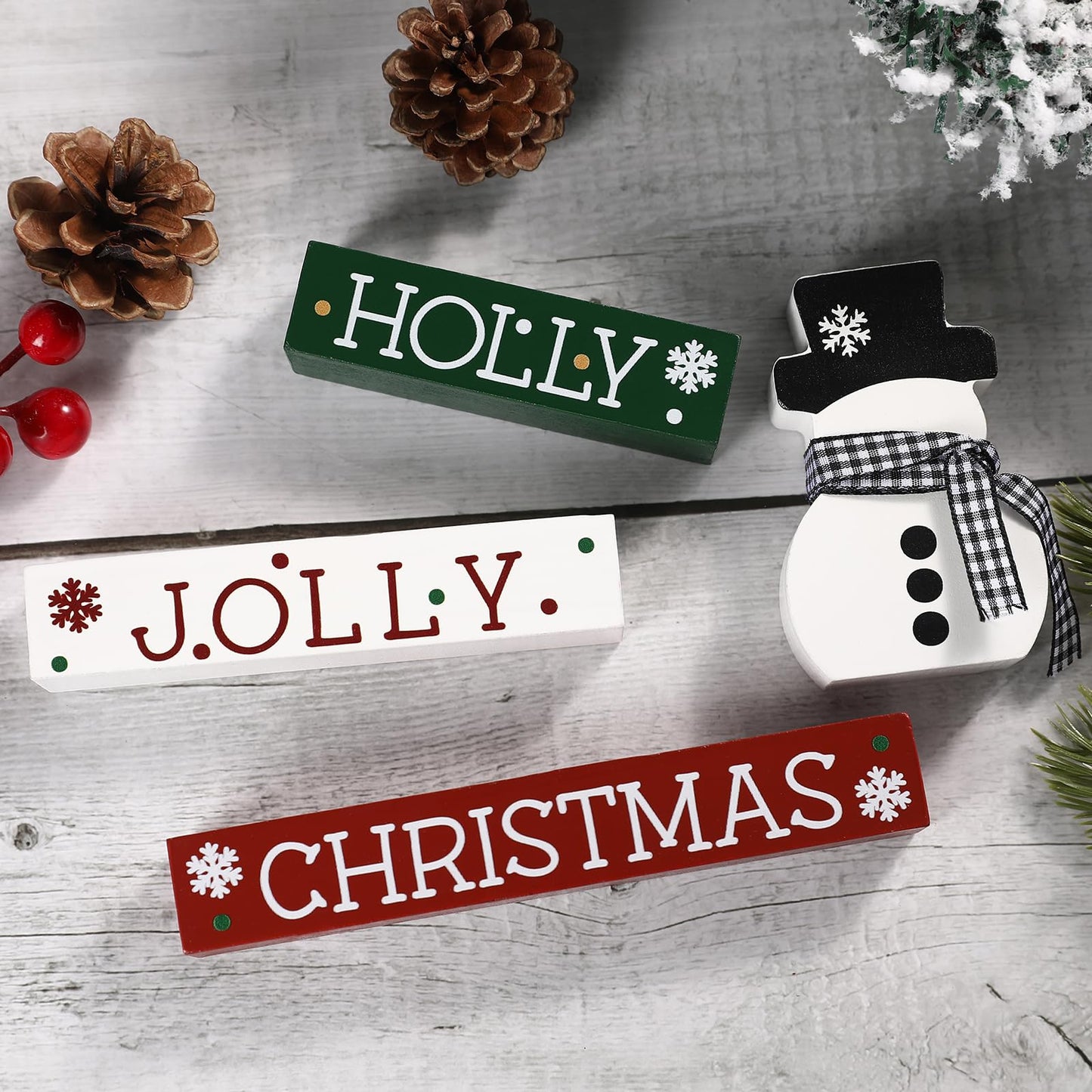 Christmas Decorations-4 PCS Wooden Block Sign-Classic Red White Green Christmas Ornaments for Home Shelf Mantel Fireplace Table Windowsill Decor