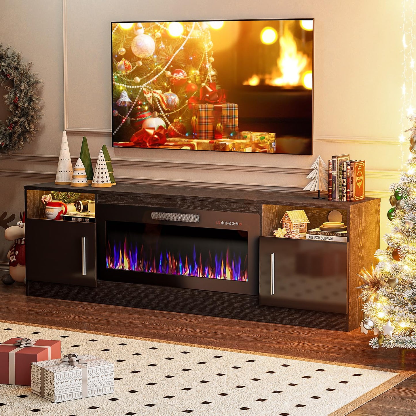 VITESSE Fireplace TV Stand with 36" inch Electric Fireplace Up to 80" TVs, LED Light Entertainment Center, 70" Modern Wood High Gloss Fireplace with Highlight Storage Cabinet for Living Room (Black)