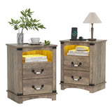 Maupvit Farmhouse Night Stand with Charger Station & Ceramic Handle, Wood Nightstand with 2 Storage Drawers, LED Bedroom Nightstand, Bedside Tables, Grey Maupvit