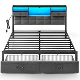 Rolanstar Bed Frame King Size with Drawers and Charging Station, Upholstered Platform Bed with Storage Headboard and LED Light, Heavy Duty Metal Frame Support, No Box Spring Needed, Noise Free, Grey Rolanstar