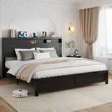 PAUKIN King Size Bed Frame with Headboard, Rustic Farmhouse Wood Bed Frame with LED Lights and Charging Station, Easy Assembly, No Box Spring Needed (Black, King) PAUKIN