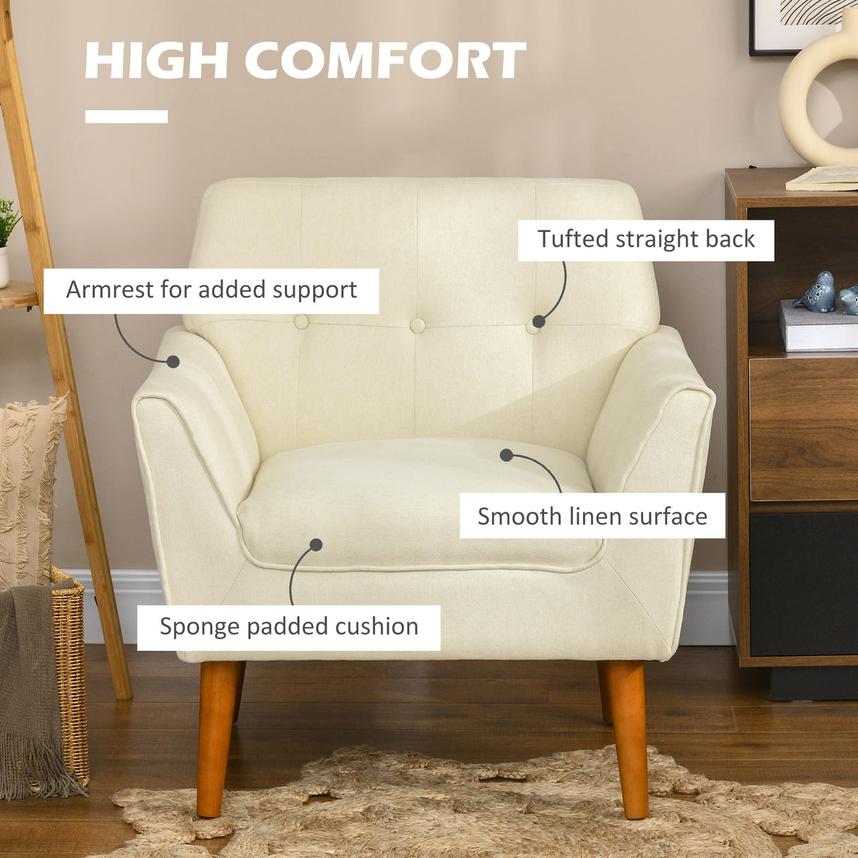 HOMCOM Traditional Living Room Chair, Armchair with Button Tufted Polygonal Straight Back, Single Sofa with Thick Padding, Beige HOMCOM