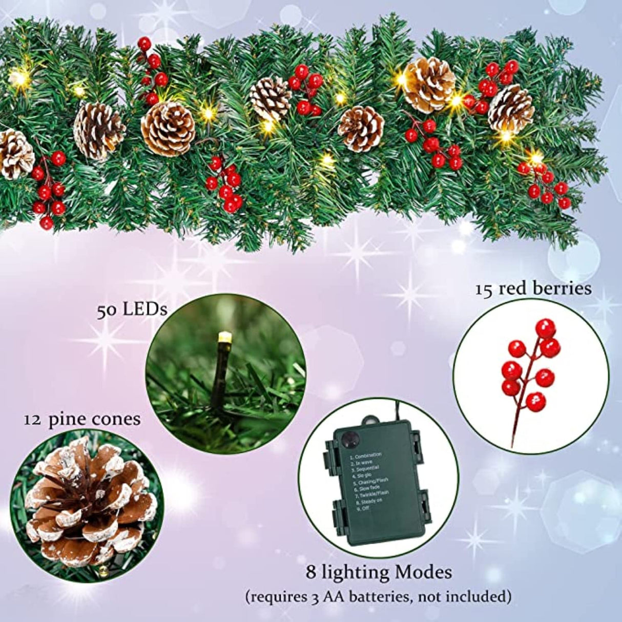 9FT Christmas Garland Decoration ，Battery Operated Lighted Garland with Pine Cones Red Berries Lush Branches，50 LED Lights 8 Modes，Christmas Decorations JGIRL