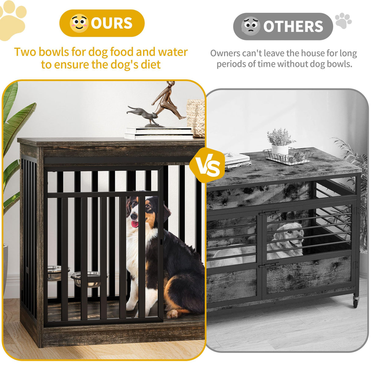 DWVO 55" Extra Large Dog Crate Furniture, Heavy Duty Metal Dog Kennel TV Stand with Sliding Door, Wooden Dog Cage Table with Dog Bowl for Extra Large Medium Dogs or 2 Small Dogs Black Oak DWVO