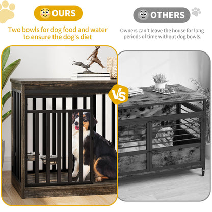 DWVO 55" Extra Large Dog Crate Furniture, Heavy Duty Metal Dog Kennel TV Stand with Sliding Door, Wooden Dog Cage Table with Dog Bowl for Extra Large Medium Dogs or 2 Small Dogs Black Oak - WoodArtSupply