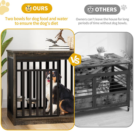 DWVO 55" Extra Large Dog Crate Furniture, Heavy Duty Metal Dog Kennel TV Stand with Sliding Door, Wooden Dog Cage Table with Dog Bowl for Extra Large Medium Dogs or 2 Small Dogs Black Oak DWVO