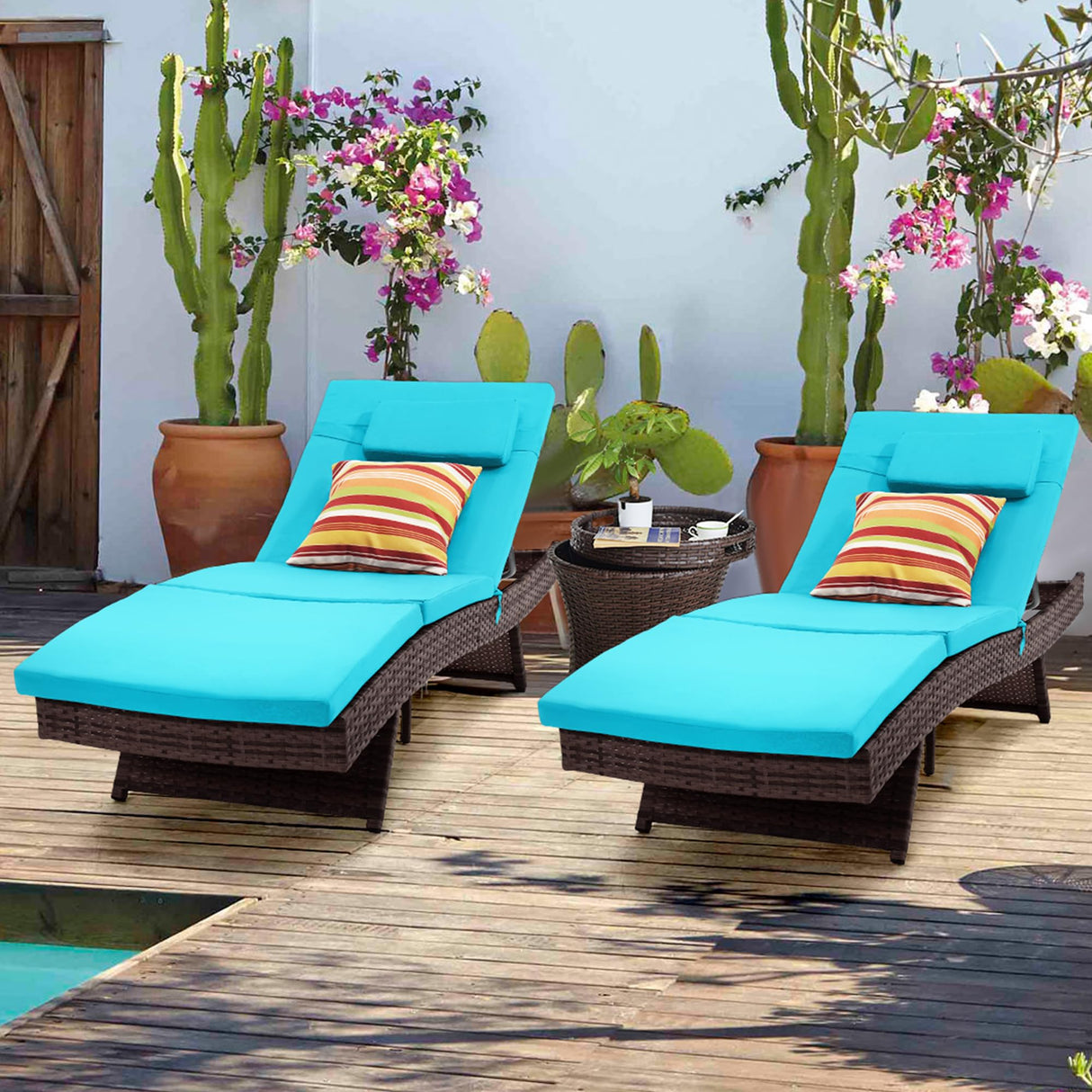 Sundale Outdoor Wicker Chaise Lounge Chair Set of 2, Rattan Patio Lounge Chairs for Outside, Adjustable Recliner with Cushions & Pillows for Deck, Indoor, Yard - Steel, Aruba Sundale Outdoor