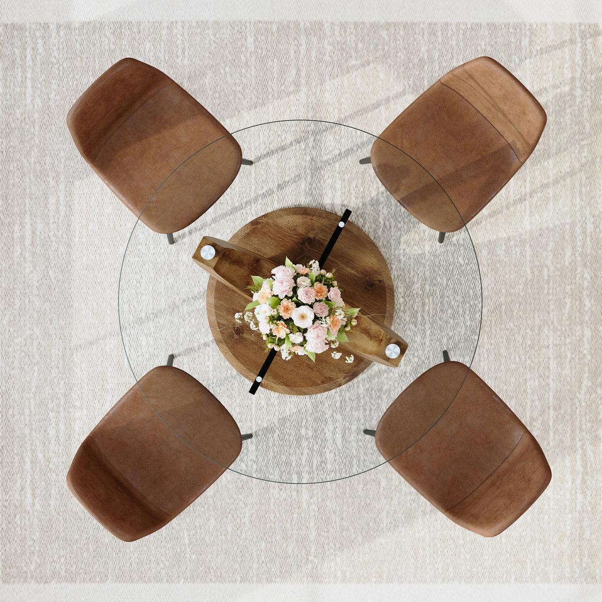 LFVFFA Round Dining Table Set for 4, 48 Inches Kitchen Table with 4 Brown Chairs, Tempered Glass Tabletop with Wood Pedestal Base, 5 Pieces Dinner Table Set for Living Room Apartment LFVFFA