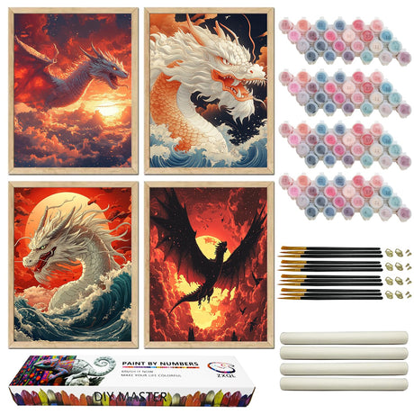 ZXQL Dragon 4 Pack Paint by Numbers Kit for Adults Beginners, 12" Wx16 L Paint by Numbers for Adults Rolled up Canvas for Painting Home Decor Creative Wall Art with Nice Gift Box ZXQL