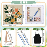 MotiMind 12 Sets Framed Paint by Number Kit for Adults with 12 Wooden Easels, 12 Disposable Apron, 12 Pigment 12 Brush, 12 Palette, DIY Acrylic Paint by Number Kits for Party(Flower) MotiMind