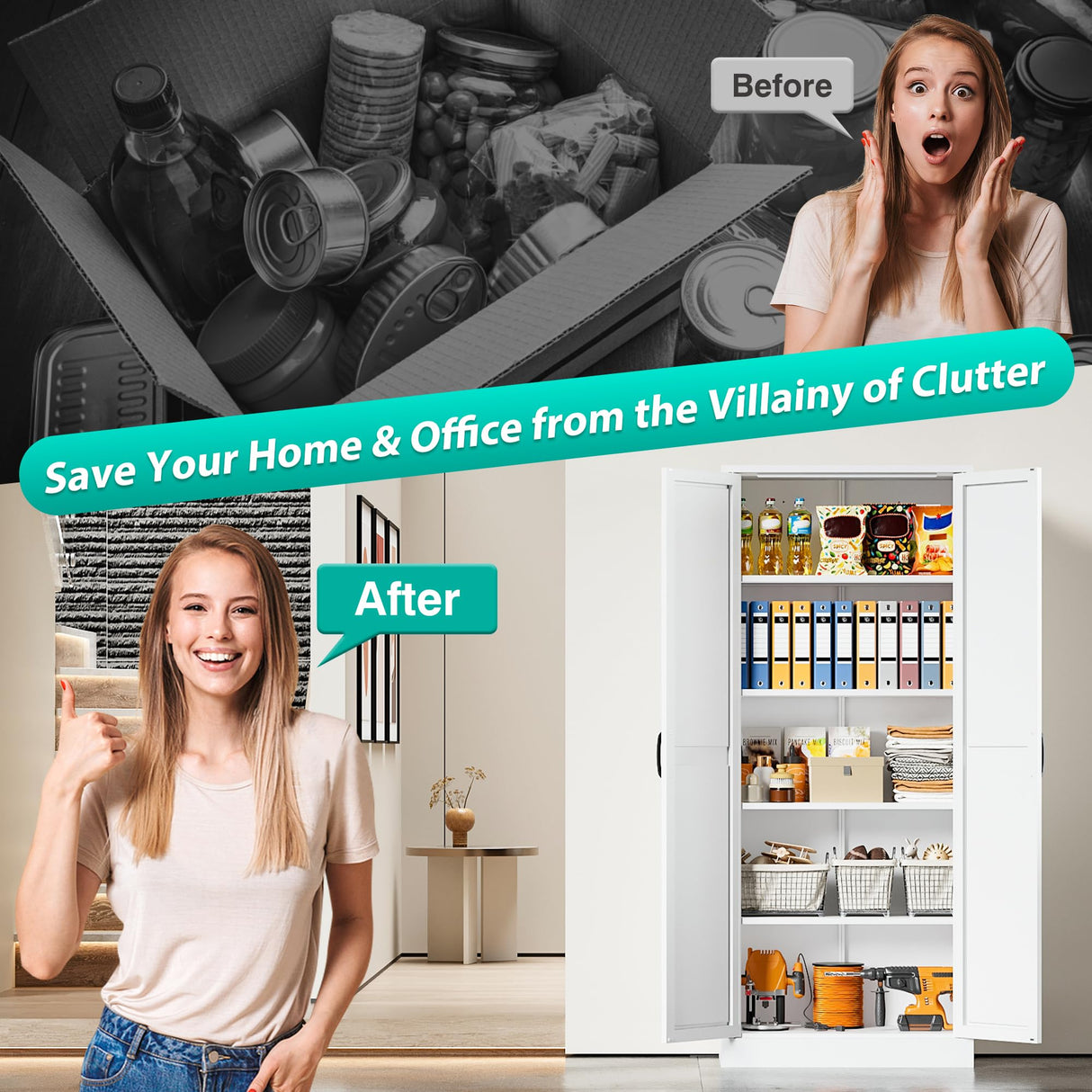 SISESOL Tall Metal Storage Cabinet with 2 Doors and 5 Shelves,75 inch White Pantry Storage Cabinet,Large Farmhouse Pantry Cupboard for Home,Kitchen,Dining/Living Room SISESOL