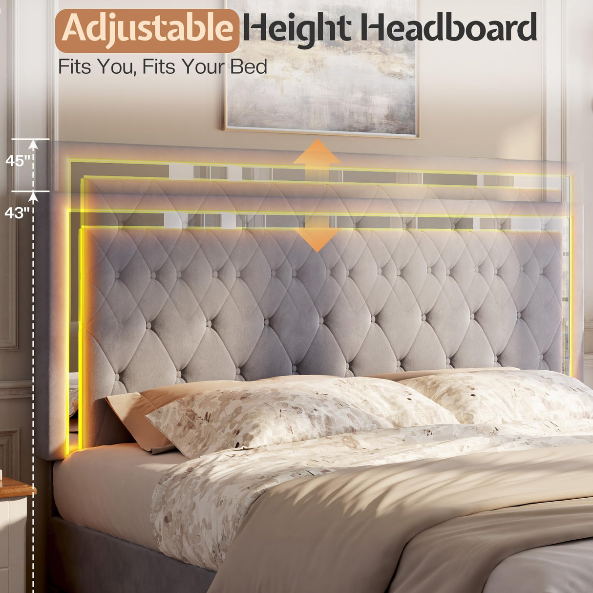 Jocisland Full Bed Frame with LED Lights Headboard&Footboard, Velvet Upholstered Full Size Platform Bed Frame No Box Spring Needed/Light Grey Jocisland