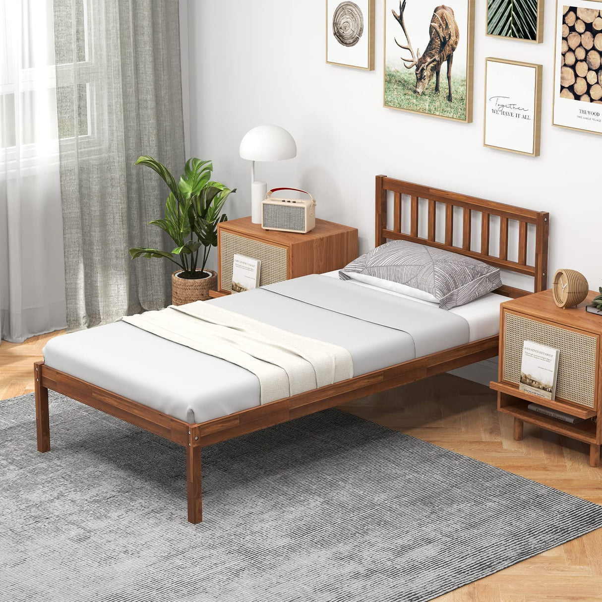 Giantex Wood Twin Bed Frame with Headboard, Mid Century Platform Bed with Wood Slat Support, Solid Wood Foundation, 12 Inch Height for Under Bed Storage, Easy Assemble, Walnut Giantex