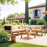 Devoko Outdoor Sectional Couch 6 Pieces Patio Sectional Sofa with Acacia Wood Coffee Table, Outdoor L-Shaped Couch with All-Weather Cushion for Patio,Deck,Backyard(White) Devoko