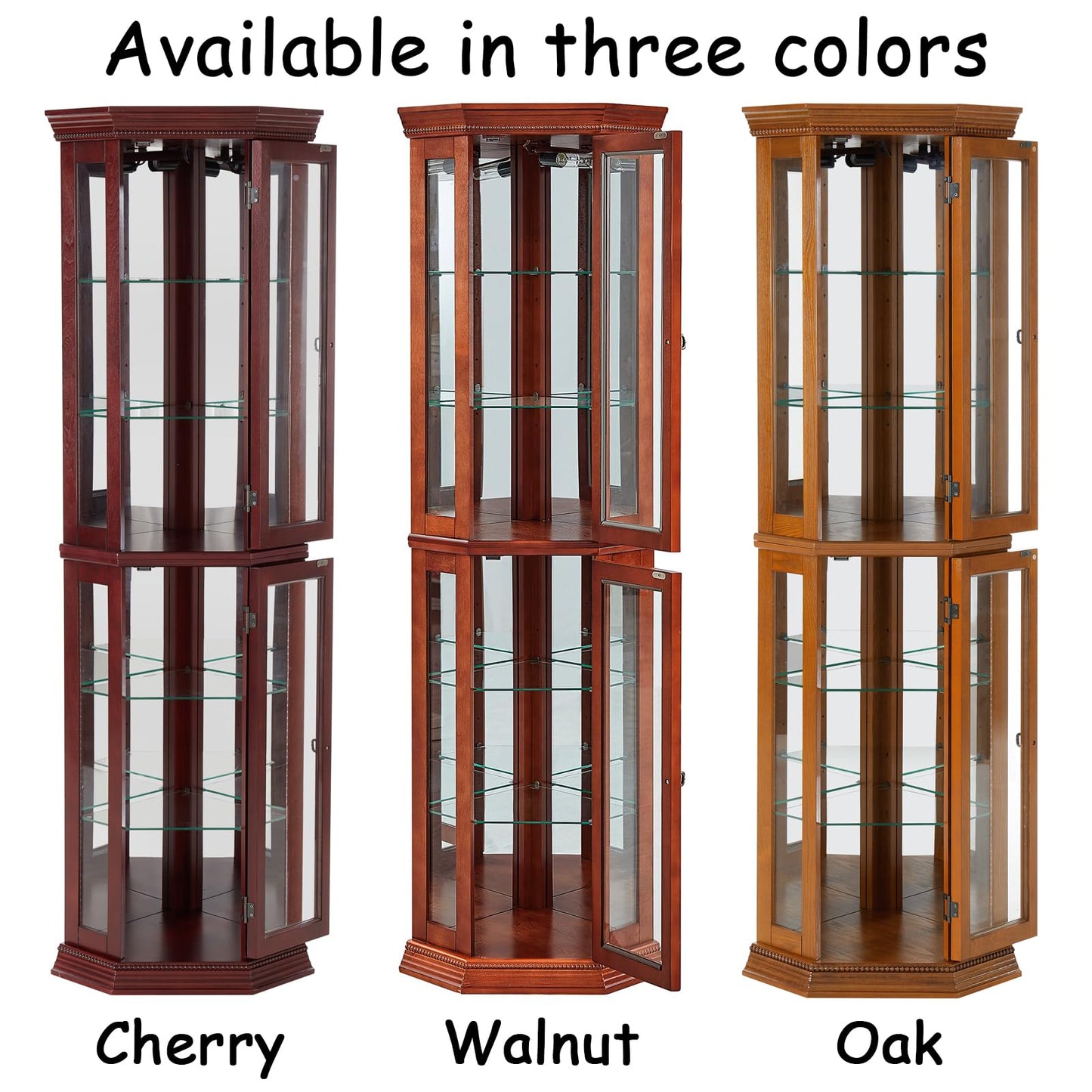 HomJoones Lighted Corner Display Curio Cabinet Wooden Curved Shelving Unit with Tempered Glass Door, Adjustable Tempered Glass Shelves, Bar and Liquor Storage Area, Display Cabinet (Cherry) - WoodArtSupply