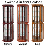 HomJoones Lighted Corner Display Curio Cabinet Wooden Curved Shelving Unit with Tempered Glass Door, Adjustable Tempered Glass Shelves, Bar and Liquor Storage Area, Display Cabinet (Cherry) HomJoones
