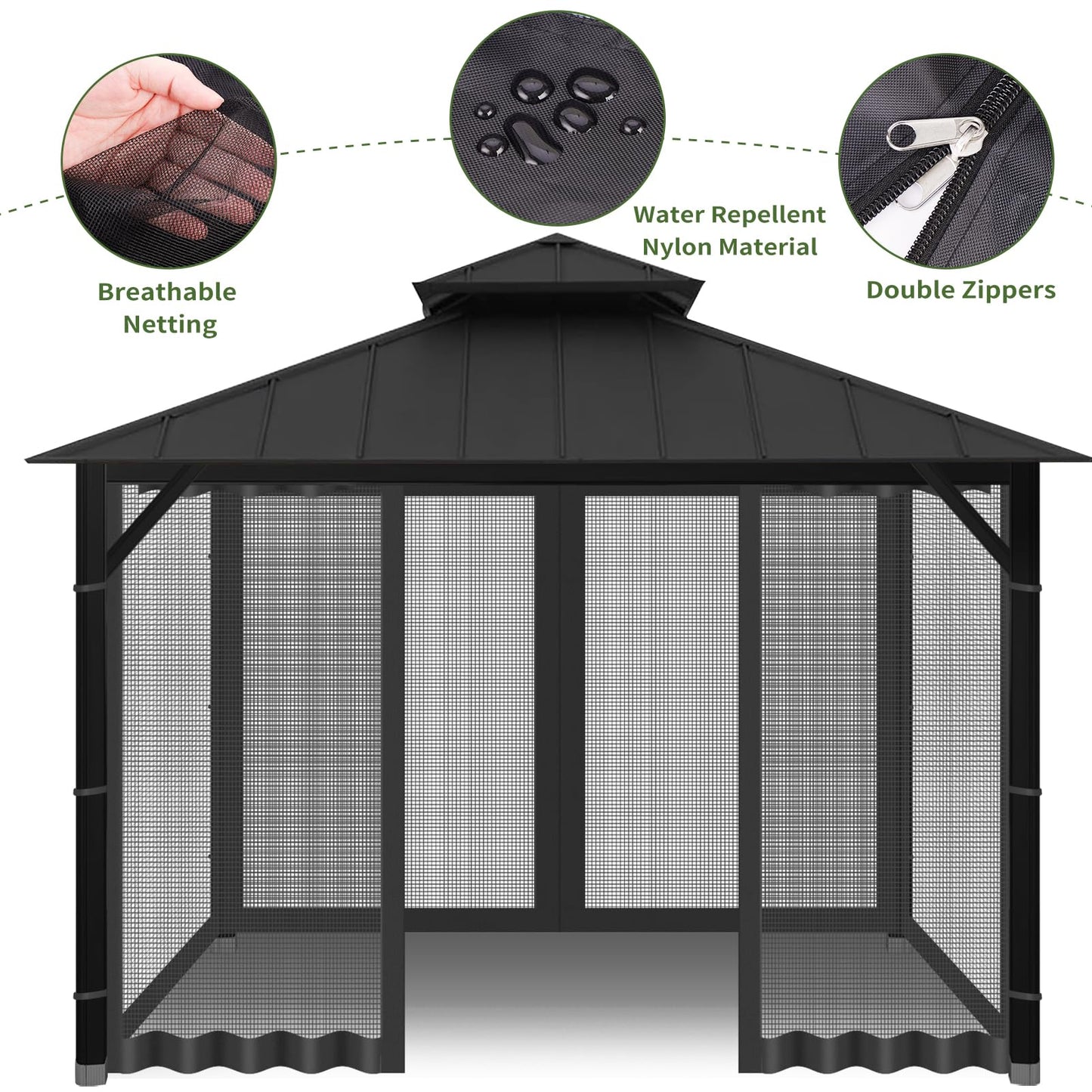 Gazebo Universal Replacement Mosquito Netting, 10' x 10' Outdoor Canopy Net Screen 4-Panel Sidewall Gazebo Curtains, with Zippers, Easy to Install, Fit for Most Gazebo 10x10 Canopy，Patio （Black）