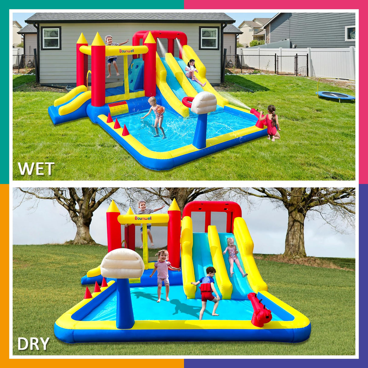 Inflatable Bounce House with Double Slide, Water Bounce Castle with Slide,Water Slide with Splash Pool, Water Cannon, Climbing Wall, Basketball Hoop, Backyard Water Slide for Kids Bounwell