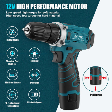 Sundpey Tool Kit 206PCs with Drill - 12V Cordless Power Drill Combo Home Tool Set - Portable Basic General Household Toolbox for Men Women for Garden Office House Repair (Screwdriver Set & Pliers Set) Sundpey
