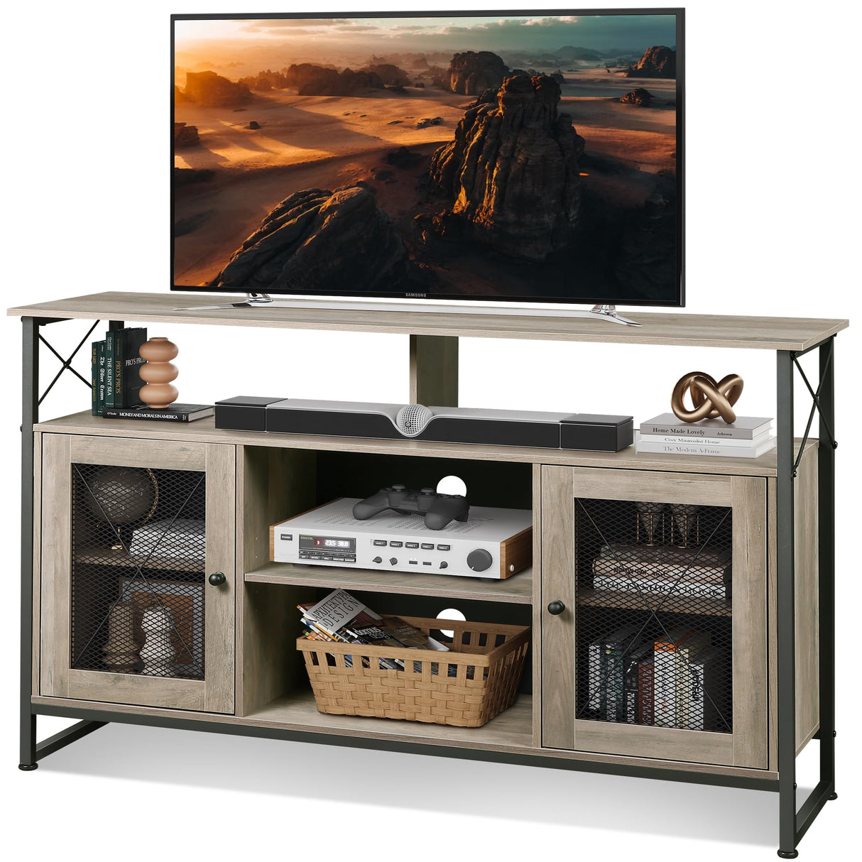 WLIVE TV Stand 55 inch TV, Tall Entertainment Center with Storage, Farmhouse Industrial TV Console for Bedroom Living Room, Greige WLIVE