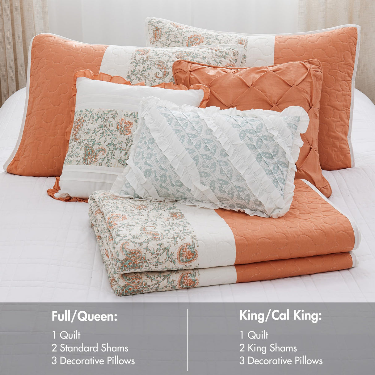 Madison Park 100% Cotton Quilt Set Floral Print, Double Sided Stitching, All Season, Lightweight Coverlet Shabby Chic Bedding Layer, Matching Shams, Full/Queen, Coral 6 Piece Madison Park