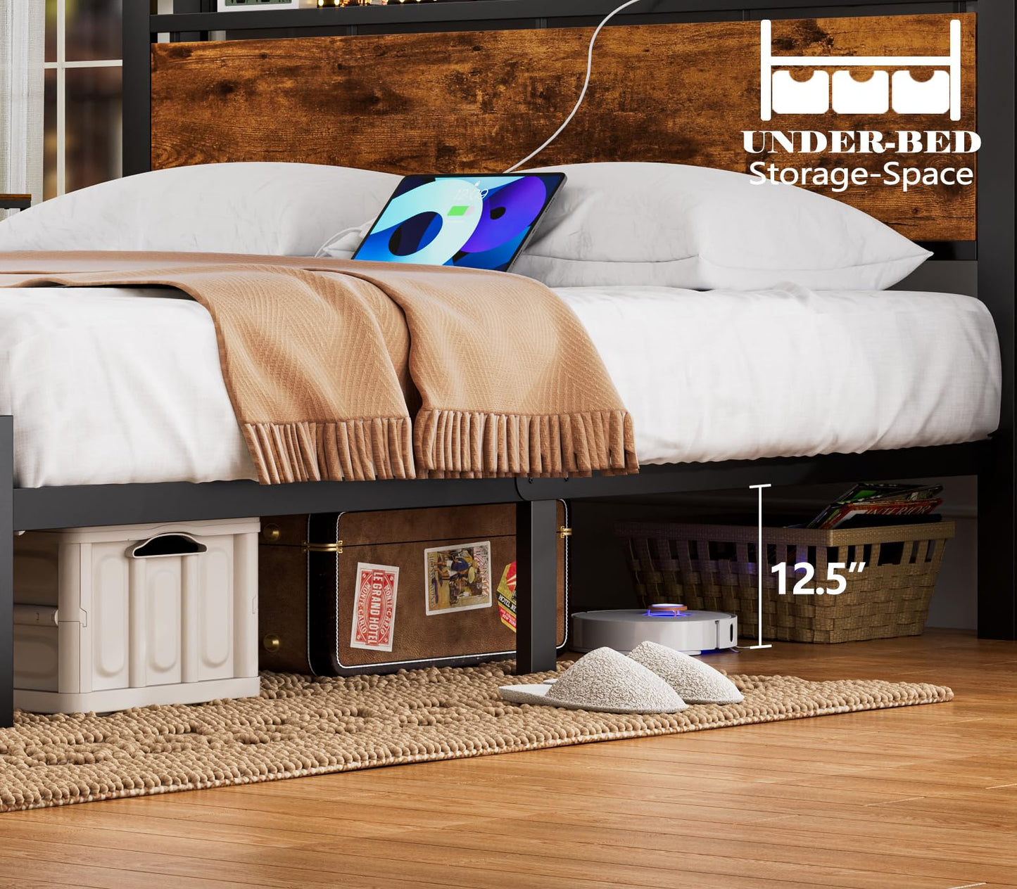 Furnulem Industrial Full Bed Frame with LED Lights & USB Charging Station - WoodArtSupply