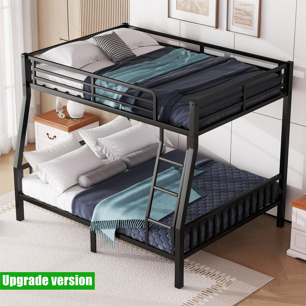 LEEKAF Stronger & Higher Quality Heavy Duty Metal Bunk Bed Full XL Over Queen Size Bunkbed, Thickened Safer More Stable Steel Queen Bunk Bed (Faster Assembly) (Full XL Over Queen) LEEKAF